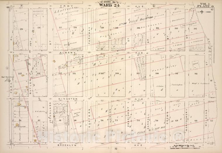 Historic Map - 1880 Brooklyn (New York, N.Y.), Troy Ave, City Line, Brooklyn Ave, Park Pl; - Vintage Wall Art