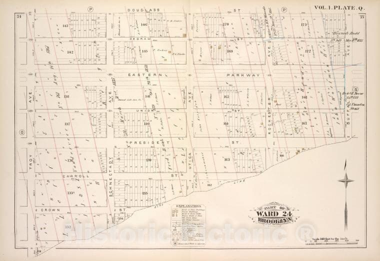 Historic Map - 1880, Brooklyn (New York, N.Y.) Douglass St Buffalo Ave, City Line, Troy Ave; - Vintage Wall Art