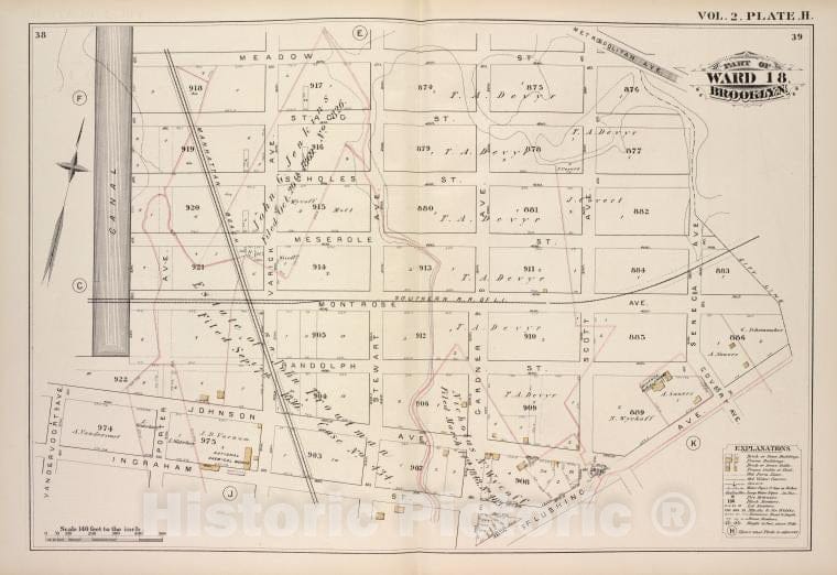 Historic Map - 1880 Brooklyn (New York, N.Y.), Meadow St Metropolitan Ave, City Line, Flushing Ave, Ingraham St Vandervoort Ave, Canal; - Vintage Wall Art