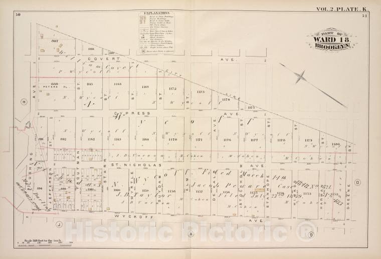 Historic Map - 1880 Brooklyn (New York, N.Y.), City Line, Greene St Wyckoff Ave, Flushing Ave, Vintage Wall Art