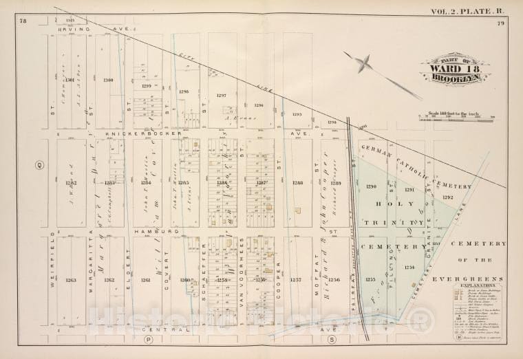 Historic Map - 1880 Brooklyn (New York, N.Y.), City Line, Cemetery Lane, Central Ave, Weirfield; - Vintage Wall Art