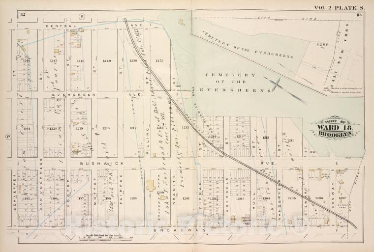 Historic Map - 1880 Brooklyn (New York, N.Y.), Central Ave, Cemetery Of The Evergreens, City Line, Broadway, Schaeffer St; - Vintage Wall Art