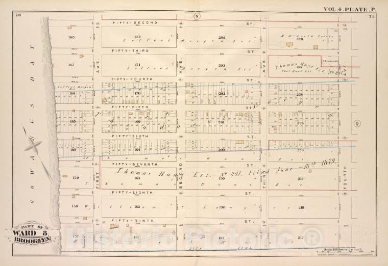 Historic Map - 1880 Brooklyn (New York, N.Y.), Fifty-Second, Fourth Ave, City Line, Gowanus Bay; - Vintage Wall Art