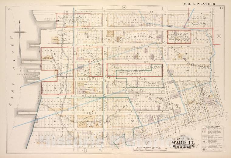 Historic Map - 1880 Brooklyn (New York, N.Y.) Huron St Oakland St Calyer St East River; India St Java St Kent St Green Point St Milton St Noble St Oak St - Vintage Wall Art