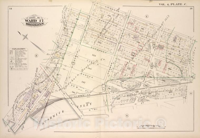 Historic Map - 1880 Brooklyn (New York, N.Y.), Manhattan Ave, Leonard St Van Cott Ave, North 14Th St Franklin St Calyer St, Vintage Wall Art