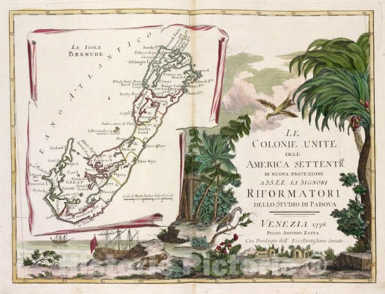 Historic 1778 Map - Le Colonie Unite Dell' America Settentrle [Title Page]; Le Isole Bermude. - North America - Maps - Early Works To 1800 - Vintage Wall Art