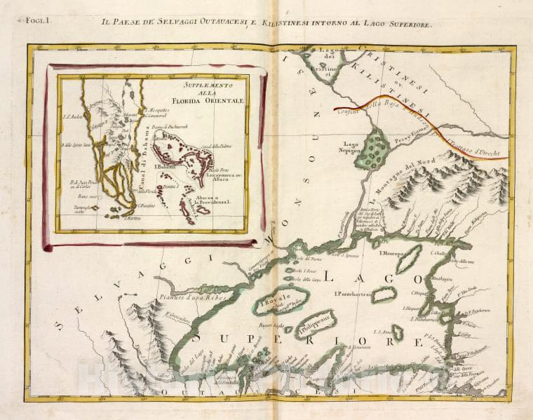 Historic Map - 1778 North America, Il Paese De' Selvaggi Outauacesi, E Kilistinesi Intorno Al Lago Superiore; Supplemento Alla Florida Orientale. - Vintage Wall Art