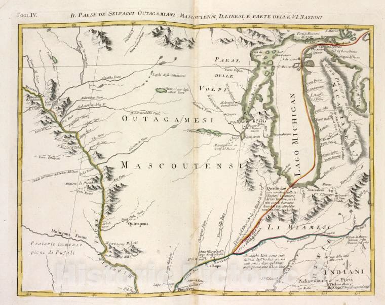 Historic 1778 Map - Il Paese De' Selvaggi Outagamiani, Mascoutensi, Illinesi, E Parte Delle Vi. Nazioni. - North America - Maps - Early Works To 1800 - Vintage Wall Art