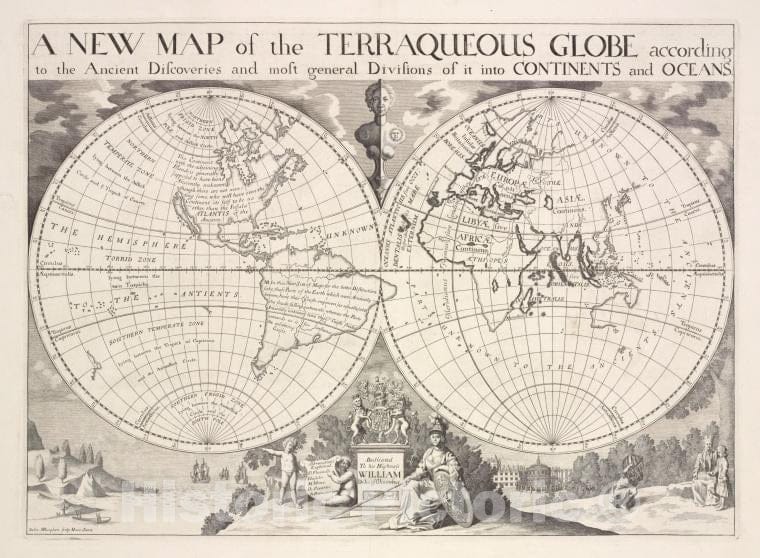 Historic Map - 1700 England, A New Map Of The Terraqueous Globe According To The Ancient Discoveries And Most General Divisions Of It Into Continents And Oceans. - Vintage Wall Art