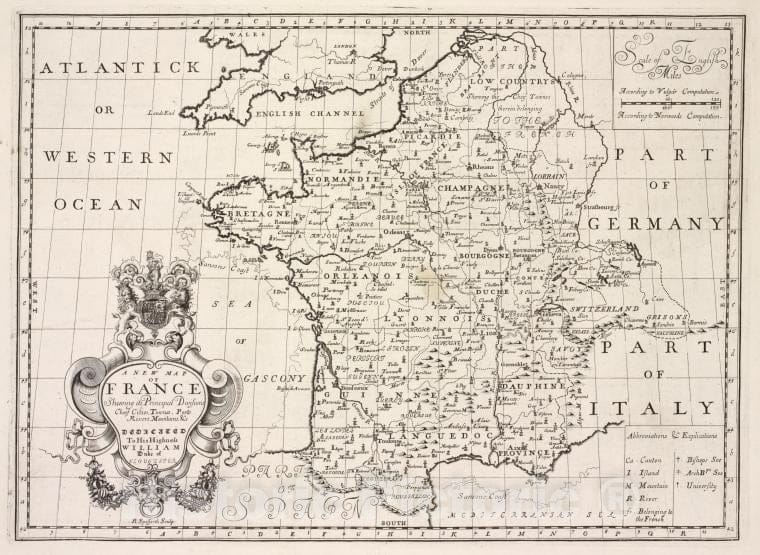 Historic 1700 Map - A New Map Of France, Shewing Its Principal Divisions, Cheif Cities, Townes, Ports, Rivers, Mountains &C. - England - Vintage Wall Art