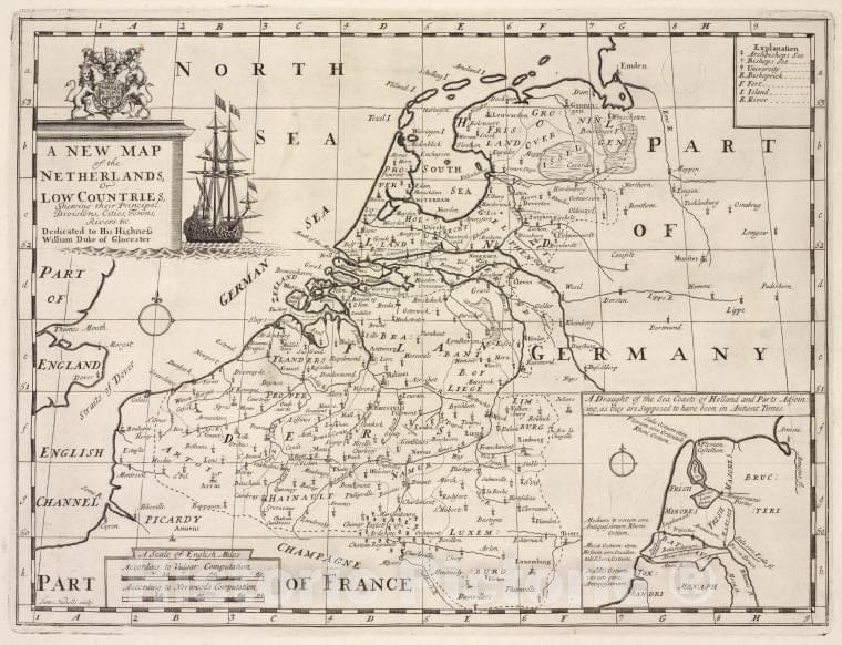 Historic 1700 Map - A New Map Of The Netherlands Or Low Countries, Shewing Their Principal Divisions, Cities, Towns, Rivers &C. - England - Vintage Wall Art