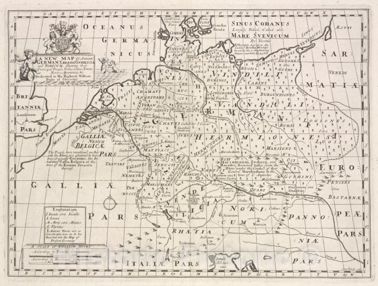 Historic Map - 1700 England, A New Of Ancient Germany, Rhatia, Vindelicia, And Noricum, Shewing Their Principal People, Tribes, Cities, Towns, Rivers, Mountains - Vintage Wall Art