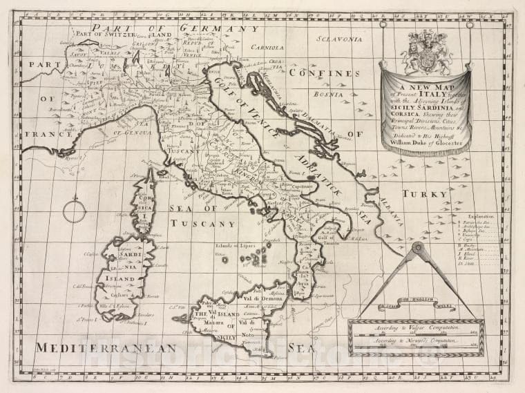 Historic 1700 Map - A New Map Of Present Italy, Together With The Adjoyning Islands - England - Vintage Wall Art