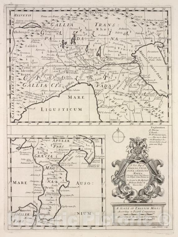 Historic 1700 Map - A New Map Of Gallia Cisalpina & Gracia Magna, Shewing Their Chief Divisions, People, Cities, Towns &C. - England - Vintage Wall Art