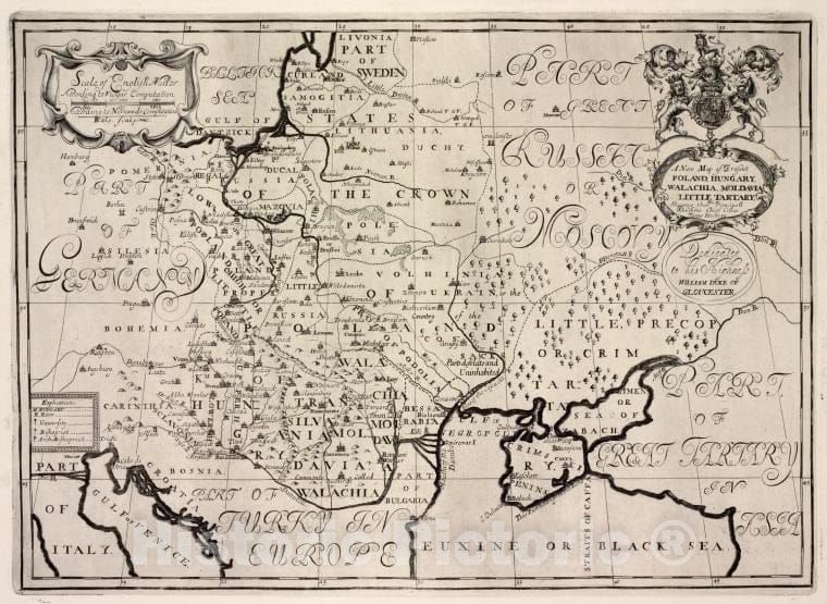 Historic Map - 1700 England, A New Of Present Poland, Hungary, Walachia, Moldavia, Little Tartary, Shewing Their Principal Divisions - Vintage Wall Art