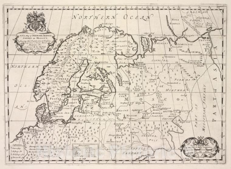 Historic Map - 1700 Denmark, Norway, Sweden, Moscow, Shewing Their Present General Divisions, Cheif Cities Or Towns, Rivers, Mountains - Vintage Wall Art