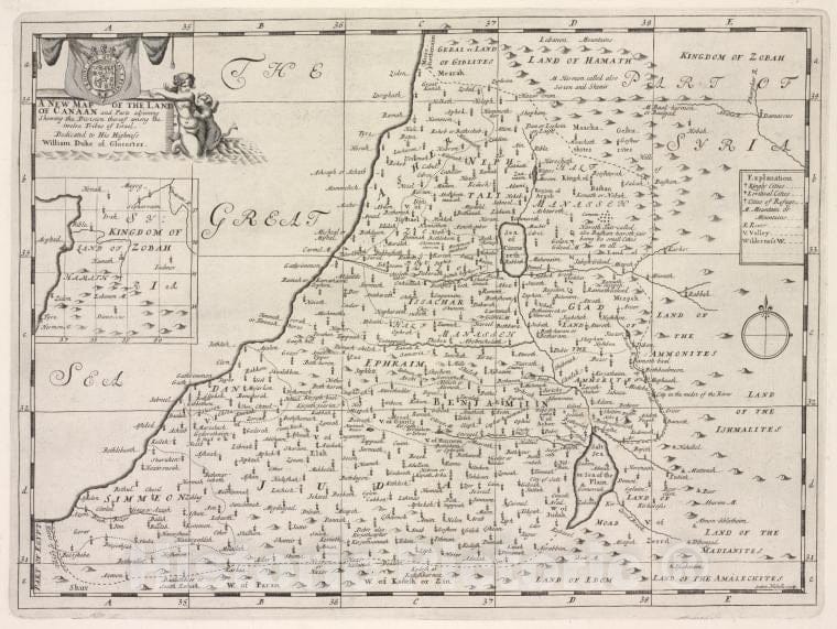 Historic 1700 Map - A New Map Of The Land Of Canaan And Part Adjoining, Shewing The Division Thereof Among The Twelve Tribes Of Israel. - England - Vintage Wall Art