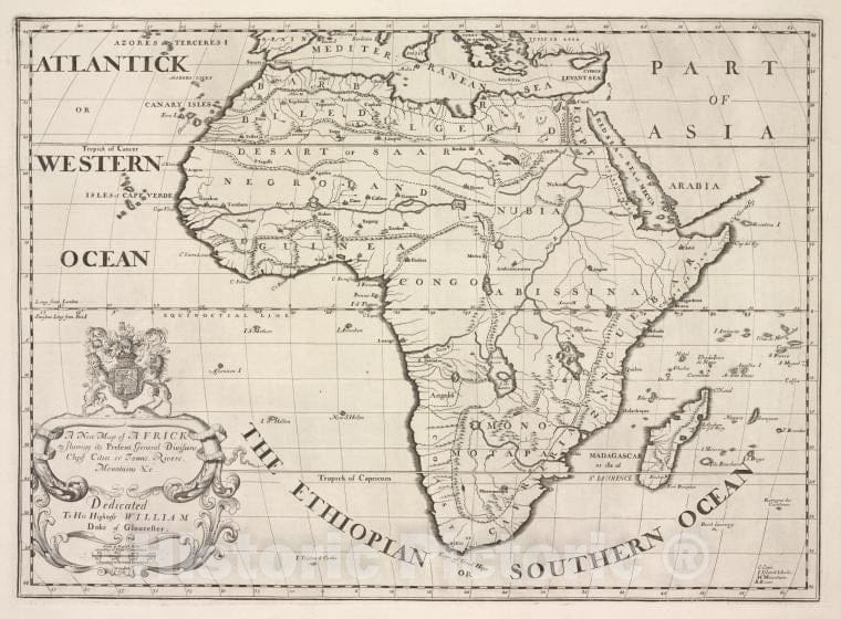 Historic 1700 Map - A New Map Of Africk Shewing Its Present General Divisions, Chief Cities Or Towns, Rivers, Mountains &C. - England - Vintage Wall Art