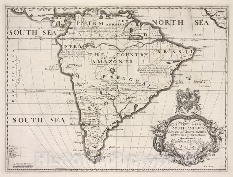 Historic 1700 Map - A New Map Of South Ameerica, Shewing Its General Divisions, Chief Cities & Towns, Rivers, Mountains &C. - England - Vintage Wall Art