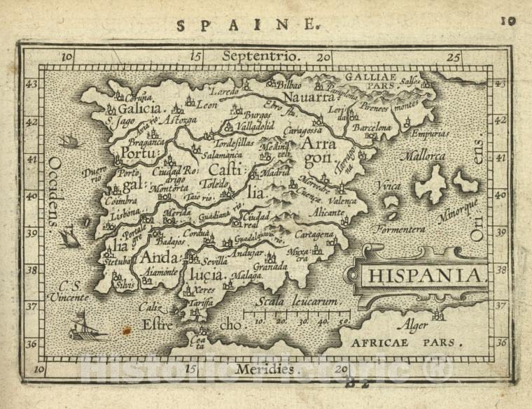 Historic 1603 Map - Hispania. - Norway - Spain - Abraham Ortelius His Epitome Of The Theater Of The Worlde. - Vintage Wall Art