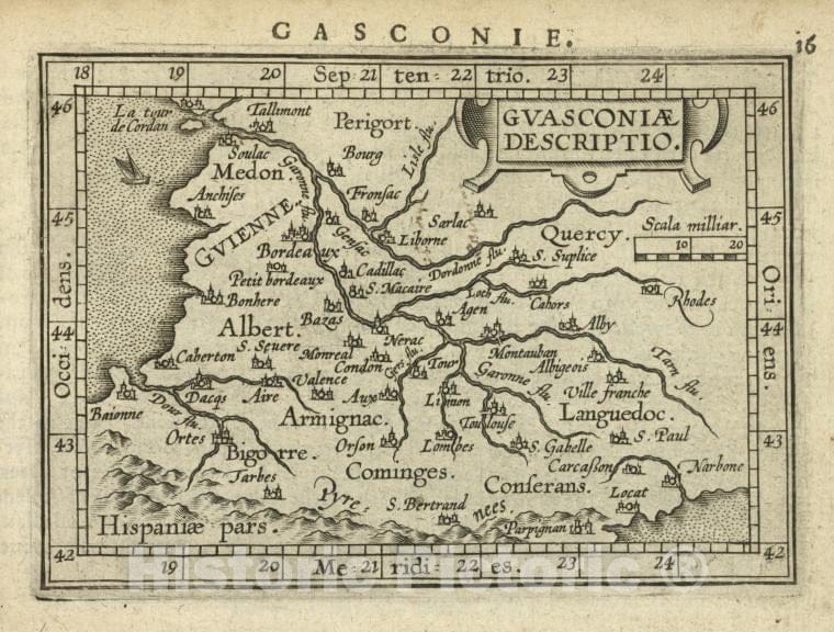 Historic Map - 1603 Gascony (France), Guasconia Descriptio, Abraham Ortelius - Vintage Wall Art