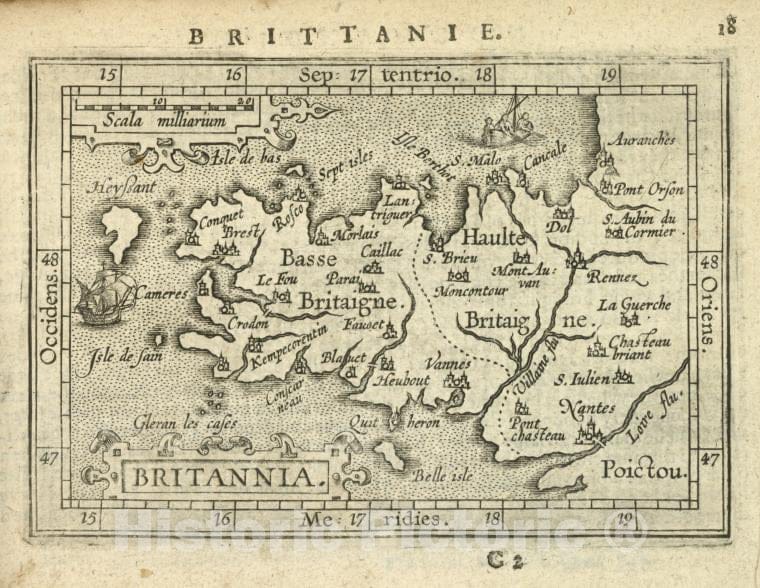 Historic 1603 Map - Britannia. - Norway - Brittany (France) - Abraham Ortelius His Epitome Of The Theater Of The Worlde. - Vintage Wall Art