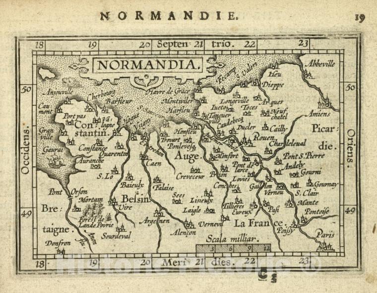 Historic 1603 Map - Normandia. - Norway - Normandy (France) - Abraham Ortelius His Epitome Of The Theater Of The Worlde. - Vintage Wall Art