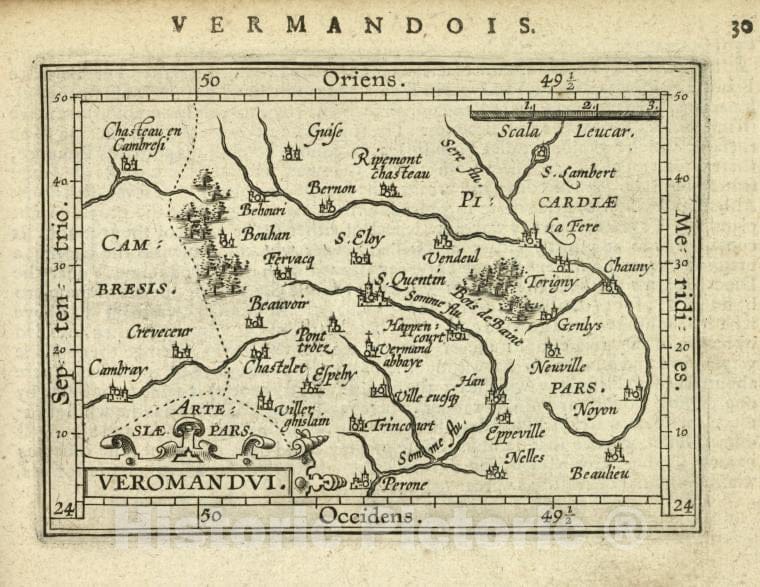 Historic 1603 Map - Veromandui. - Norway - Picardy (France) - Abraham Ortelius His Epitome Of The Theater Of The Worlde. - Vintage Wall Art