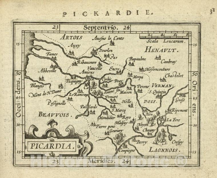 Historic 1603 Map - Picardia. - Norway - Picardy (France) - Abraham Ortelius His Epitome Of The Theater Of The Worlde. - Vintage Wall Art