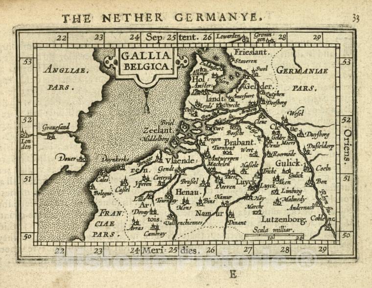 Historic 1603 Map - Gallia Belgica. - Norway - Gaul - Abraham Ortelius His Epitome Of The Theater Of The Worlde. - Vintage Wall Art