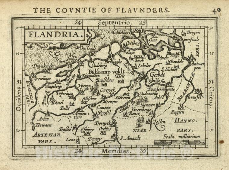 Historic 1603 Map - Flandria. - Norway - Flanders (Belgium) - Abraham Ortelius His Epitome Of The Theater Of The Worlde. - Vintage Wall Art