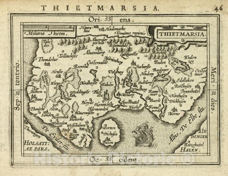 Historic Map - 1603 Dithmarschen (Germany), Thietmarsia, Abraham Ortelius - Vintage Wall Art