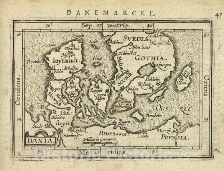 Historic Map - 1603 Copenhagen (Denmark), Dania, Abraham Ortelius - Vintage Wall Art