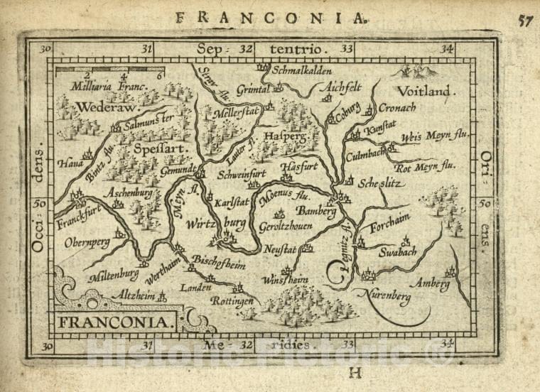 Historic 1603 Map - Franconia. - Norway - Franconia (Germany) - Abraham Ortelius His Epitome Of The Theater Of The Worlde. - Vintage Wall Art