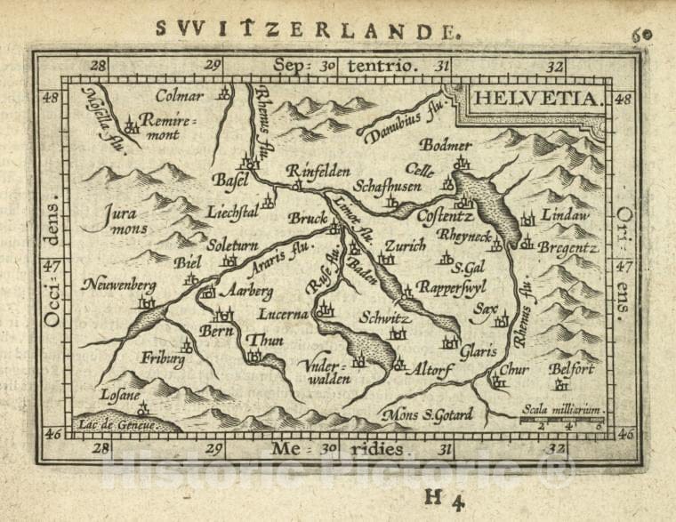 Historic 1603 Map - Helvetia. - Norway - Switzerland - Abraham Ortelius His Epitome Of The Theater Of The Worlde. - Vintage Wall Art