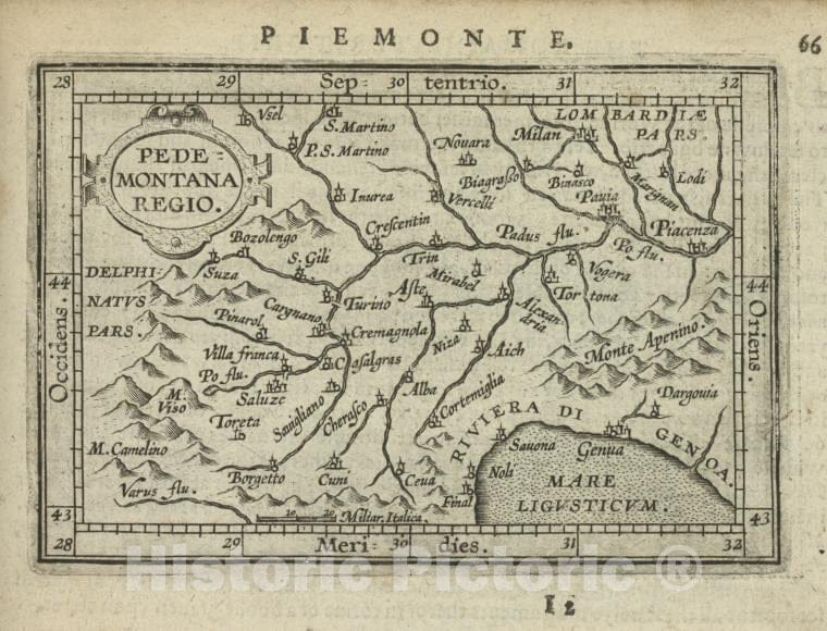 Historic Map - 1603 Piedmont, Genoa (Italy), Pedemontana Regio, Abraham Ortelius - Vintage Wall Art