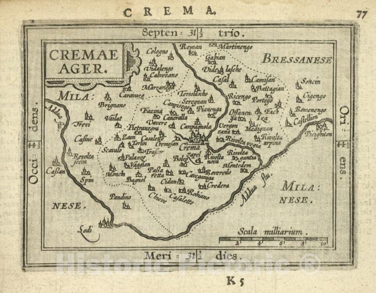 Historic 1603 Map - Cremae Ager. - Norway - Crema (Italy) - Abraham Ortelius His Epitome Of The Theater Of The Worlde. - Vintage Wall Art