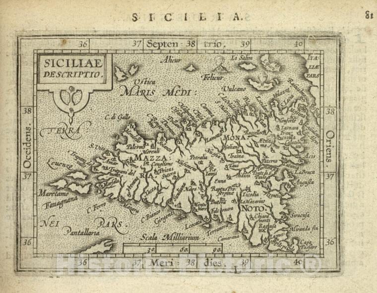 Historic Map - 1603 Sicily (Italy), Siciliae Descriptio, Abraham Ortelius - Vintage Wall Art