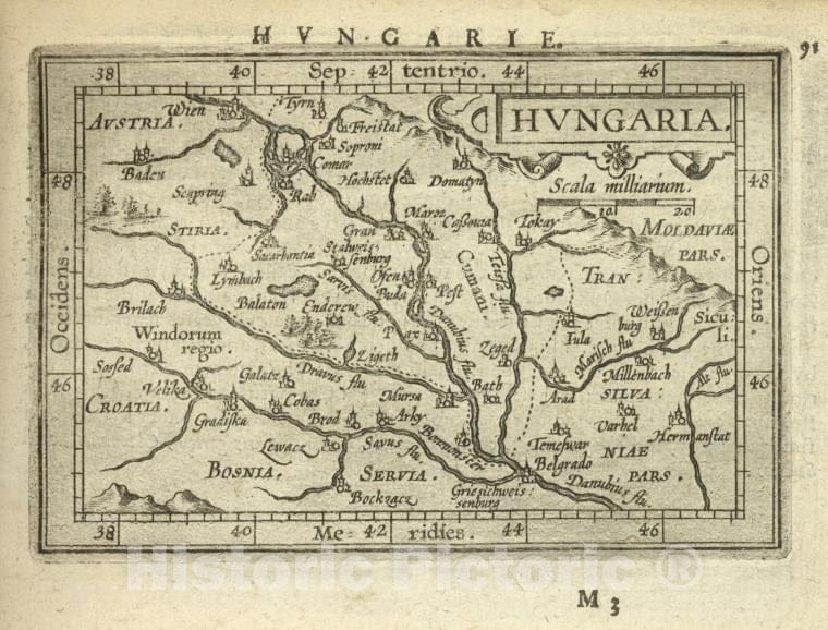 Historic Map - 1603 Hungary, Danube River, Hungaria, Abraham Ortelius - Vintage Wall Art