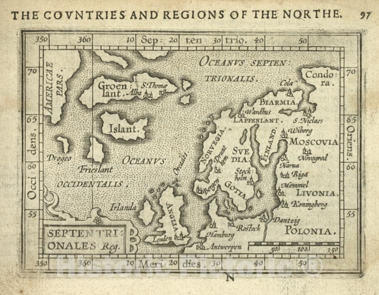 Historic Map - 1603 Greenland, Iceland, Europe, Septentrionales, Abraham Ortelius - Vintage Wall Art