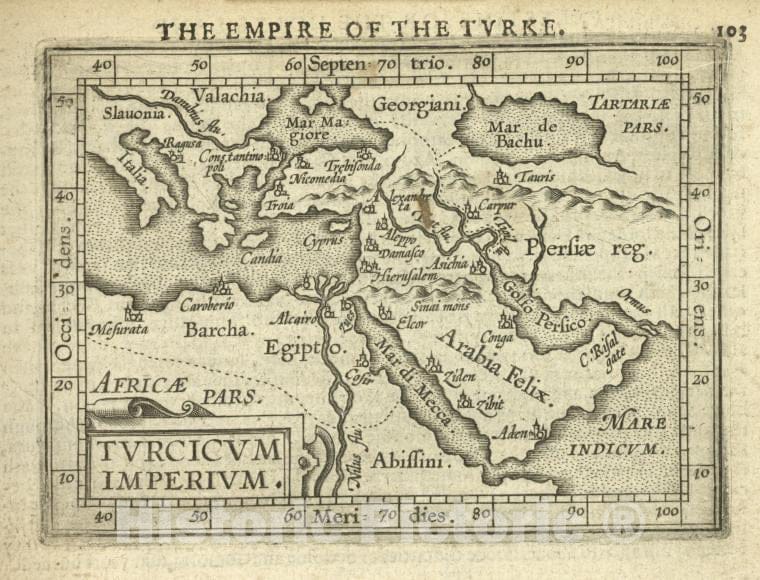 Historic 1603 Map - Turcicum Imperium. - Norway - Turkey - Abraham Ortelius His Epitome Of The Theater Of The Worlde. - Vintage Wall Art