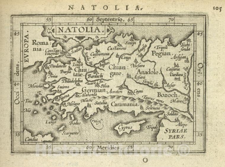 Historic 1603 Map - Natolia. - Norway - Turkey - Abraham Ortelius His Epitome Of The Theater Of The Worlde. - Vintage Wall Art