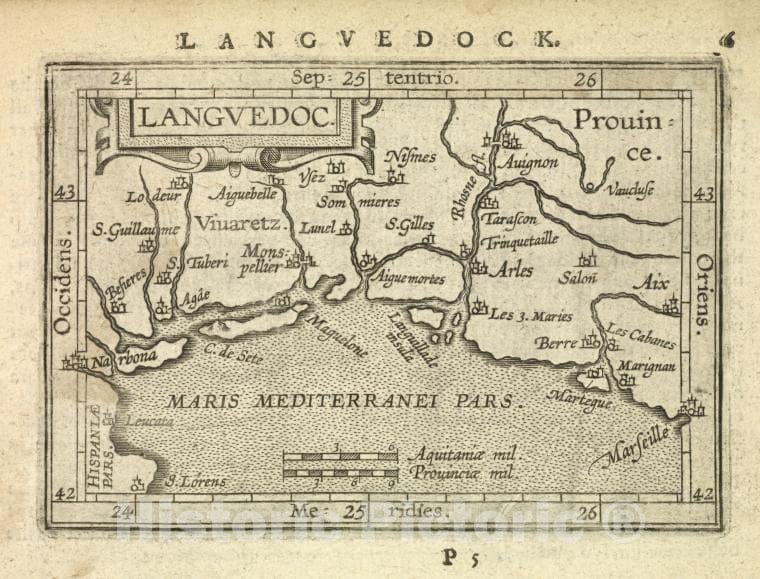 Historic 1603 Map - Languedoc. - Norway - Languedoc (France) - Abraham Ortelius His Epitome Of The Theater Of The Worlde. - Vintage Wall Art