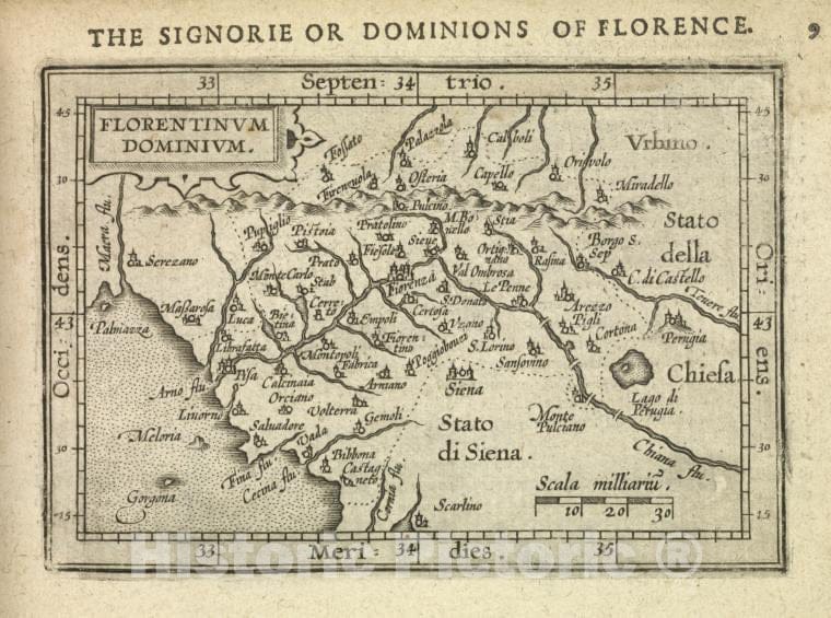 Historic Map - 1603 Florence, Arno River (Italy), Florentinum Dominium, Abraham Ortelius - Vintage Wall Art