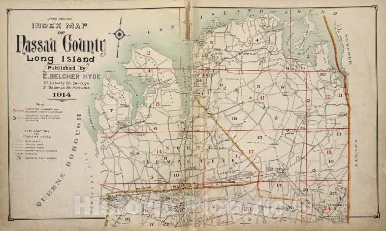 Historic Map - 1914 Nassau County (N.Y.), Upper Section Index Of Nassau County Long Island - Vintage Wall Art