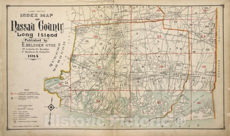 Historic Map - 1914 Nassau County (N.Y.), Lower Section Index Of Nassau County Long Island - Vintage Wall Art