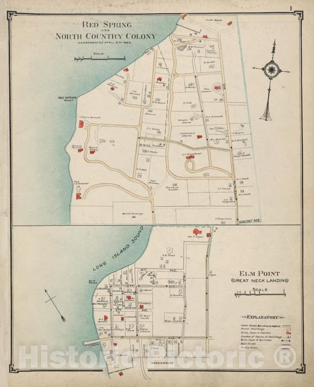 Historic Map - Red Spring And North Country Colony; Elm Point (Great Neck Landing) - Nassau County (N.Y.)- New York (State) - Nassau County - Vintage Wall Art