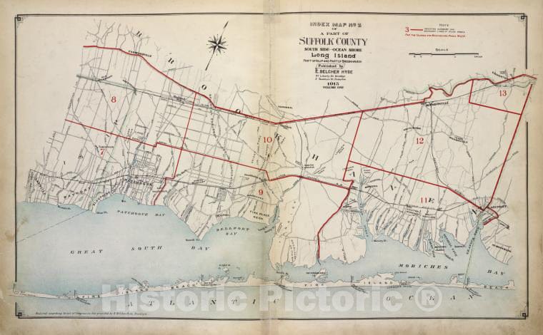 Historic Map - 1915 Suffolk County, New York (N.Y.) Index South Side - Ocean Shore, Long Island. Part Of Islip And Part Of Brookhn. - Vintage Wall Art