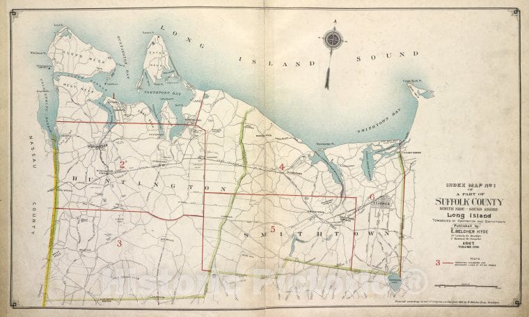 Historic Map - 1915 Suffolk County, New York (N.Y.), Index Map No. 1 Of A Part Of Suffolk County. North Side - Sound Shore, Long Island. Huntington And Smith Town. - Vintage Wall Art