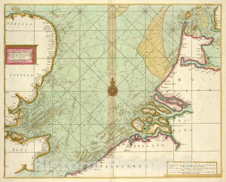 Historic 1702 Map - A Chart Of The Seacoasts Of England Flanders And Holland Shewing - Vintage Wall Art